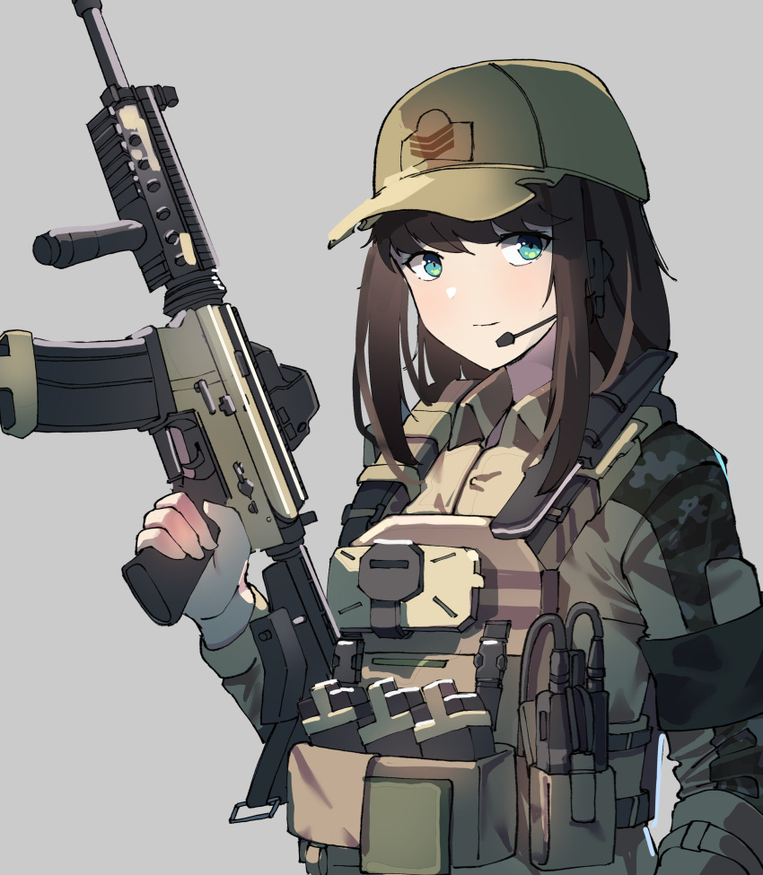 1girl absurdres assault_rifle baseball_cap battlefield_(series) brown_hair bulletproof_vest camouflage closed_mouth gar32 genderswap genderswap_(mtf) green_eyes grey_background gun hand_up hat headset highres holding holding_gun holding_weapon long_hair long_sleeves looking_at_viewer m4_carbine microphone original rifle simple_background smile solo tactical_clothes trigger_discipline upper_body weapon
