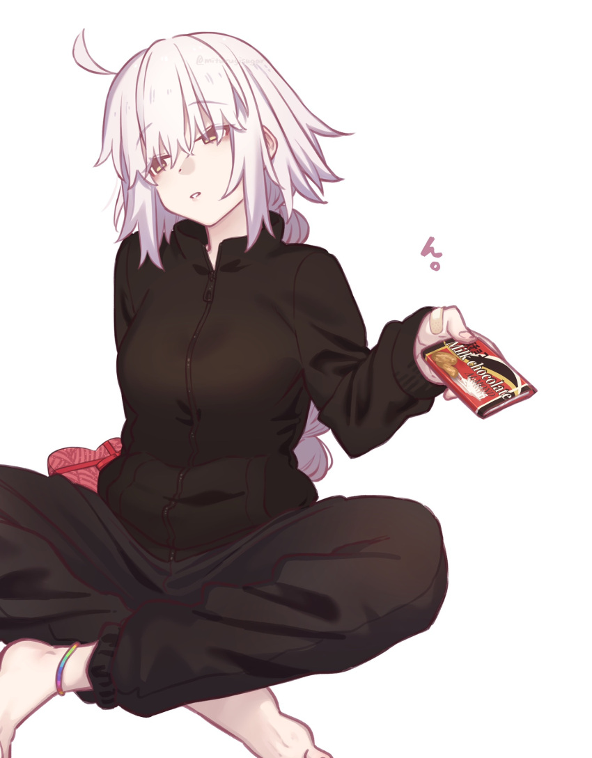 1girl ahoge bangs black_jacket black_pants box braid braided_ponytail breasts candy chocolate chocolate_bar fate/grand_order fate_(series) food gift gift_box heart-shaped_box highres indian_style jacket jeanne_d'arc_(alter)_(fate) jeanne_d'arc_(fate) large_breasts long_hair long_sleeves looking_at_viewer looking_to_the_side mitsurugi_sugar pants silver_hair sitting solo yellow_eyes