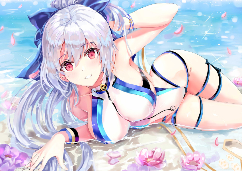 1girl absurdres age_fx bangs bare_shoulders beach blue_bow blue_swimsuit blush bow breasts fate/grand_order fate_(series) flower hair_between_eyes hair_bow highleg highleg_swimsuit highres large_breasts long_hair looking_at_viewer lying on_side one-piece_swimsuit petals ponytail red_eyes shore silver_hair smile solo swimsuit thigh_strap thighs tomoe_gozen_(fate) tomoe_gozen_(swimsuit_saber)_(fate) two-tone_swimsuit water wet white_swimsuit