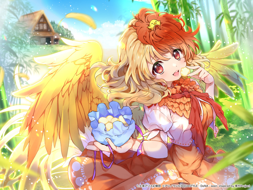 1girl animal_on_head arm_garter bamboo bird bird_on_head bird_wings blonde_hair blue_sky blurry blurry_background cloud dress eyebrows_visible_through_hair feathered_wings feathers highres hut light_particles looking_at_viewer malino_(dream_maker) mochi multicolored_hair niwatari_kutaka on_head open_mouth orange_skirt pouch red_hair red_neckwear red_ribbon ribbon short_hair short_sleeves skirt sky solo teeth touhou touhou_danmaku_kagura two-tone_hair upper_body upper_teeth vest white_vest wings