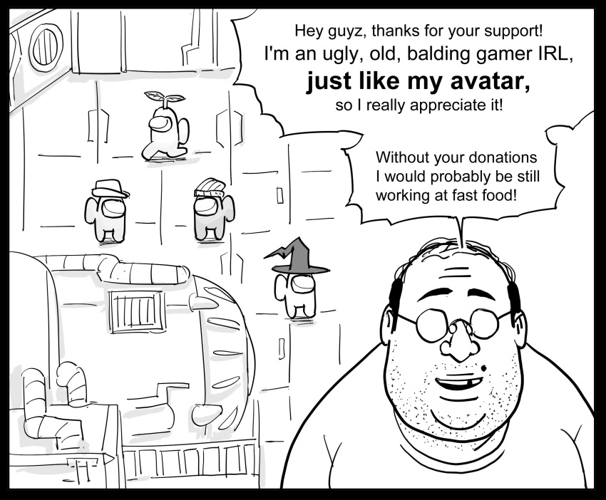 1boy among_us balding bb_(baalbuddy) commentary english_commentary english_text facial_hair fat fat_man glasses greyscale hat highres looking_at_viewer missing_tooth mole mole_above_mouth monochrome original solo speech_bubble ugly_man virtual_youtuber witch_hat