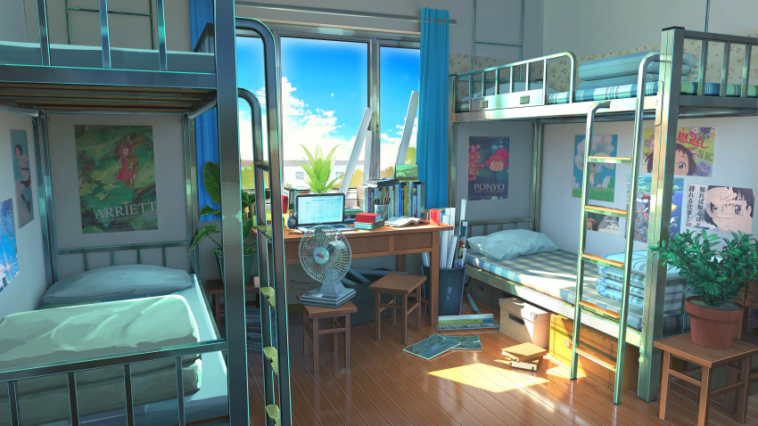 absurdres annotated apartment bed blue_sky box bunk_bed chair chinese_commentary cloud commentary_request computer cup curtains day desk electric_fan gake_no_ue_no_ponyo highres interior karigurashi_no_arrietty kaze_tachinu kimi_no_na_wa. ladder laptop majo_no_takkyuubin matryoshka_doll neko_no_ongaeshi no_humans original paper paper_roll pencil pillow plant poster_(object) potted_plant reflective_floor room scenery sky sunlight toki_wo_kakeru_shoujo tonari_no_totoro window wooden_floor xingzhi_lv