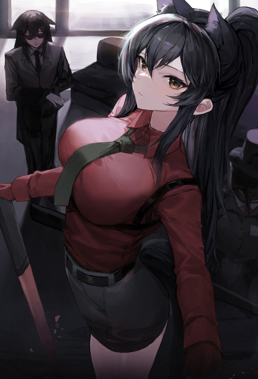 1girl absurdres animal_ears arknights black_hair black_shorts breasts collared_shirt commentary dress_shirt extra_ears gloves green_necktie hair_between_eyes highres large_breasts long_hair looking_at_viewer molyb necktie official_alternate_costume planted planted_sword ponytail red_gloves red_shirt shirt shorts sidelocks solo_focus sword tail texas_(arknights) texas_(willpower)_(arknights) unfinished very_long_hair weapon wolf_ears wolf_girl wolf_tail yellow_eyes