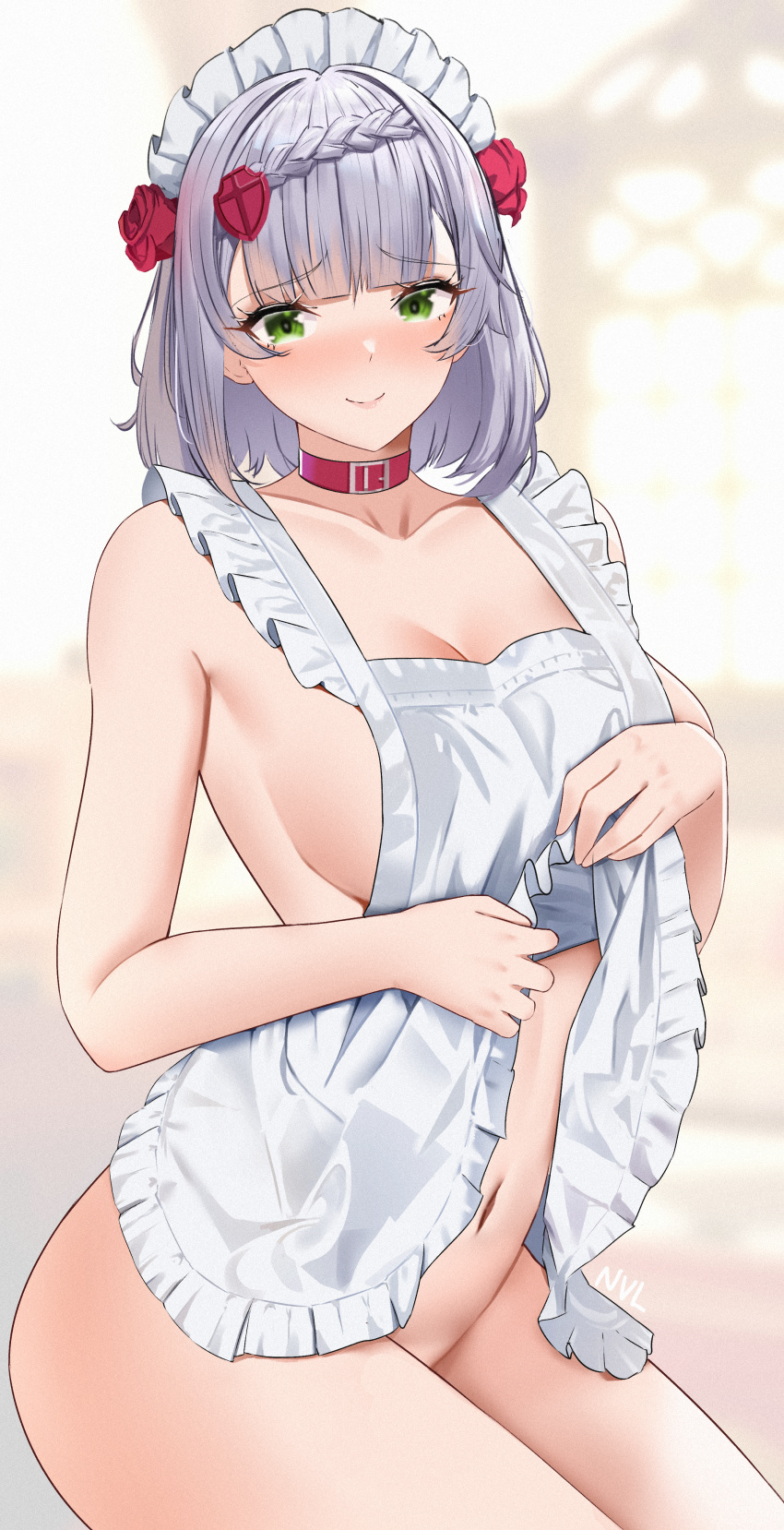 1girl absurdres apron apron_lift breasts closed_mouth collar flower genshin_impact hair_flower hair_ornament highres large_breasts lifted_by_self looking_at_viewer naked_apron navel noelle_(genshin_impact) nvl red_collar short_hair silver_hair smile solo thighs white_apron