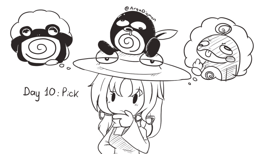 1girl animal_on_head crossover diamon_arga drooling english_commentary english_text eyebrows_visible_through_hair finger_to_mouth hair_ribbon medium_hair middle_finger monochrome moriya_suwako on_head pokemon pokemon_(creature) pokemon_on_head politoed poliwag poliwrath pyonta ribbon simple_background solid_oval_eyes thinking thought_bubble tongue tongue_out touhou twitter_username upper_body white_background