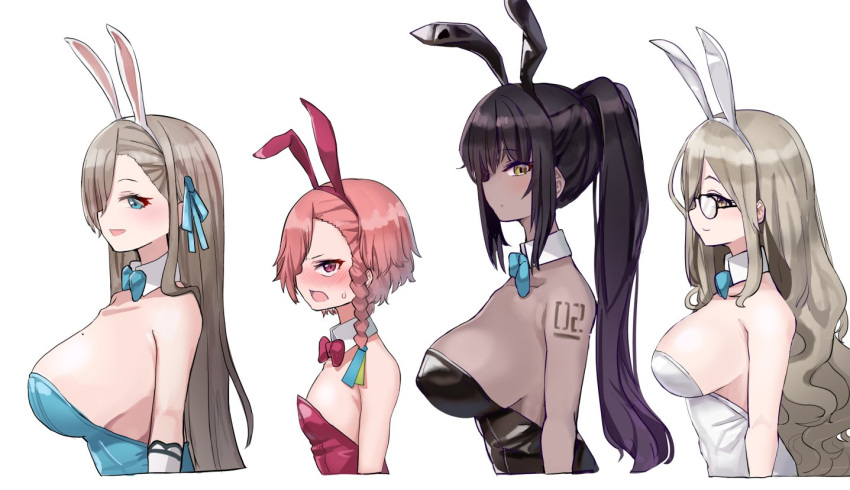 4girls akane_(blue_archive) animal_ears asuna_(blue_archive) bare_shoulders blue_archive blue_bow blue_bowtie blue_eyes blue_ribbon bow bowtie braid breasts brown_hair bust_chart dark-skinned_female dark_skin detached_collar fake_animal_ears flat_chest glasses hair_ribbon height_difference justeeeeth karin_(blue_archive) large_breasts long_hair looking_at_viewer mole mole_on_breast multiple_girls neru_(blue_archive) pink_hair playboy_bunny ponytail profile rabbit_ears red_bow red_bowtie red_eyes ribbon short_hair simple_background single_braid upper_body white_background yellow_eyes