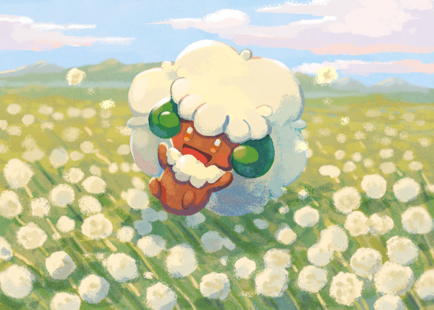 :d brown_eyes cloud day full_body happy highres looking_at_viewer mo~zu no_humans open_mouth outdoors pokemon pokemon_(creature) sky smile solo symbol-only_commentary tongue whimsicott