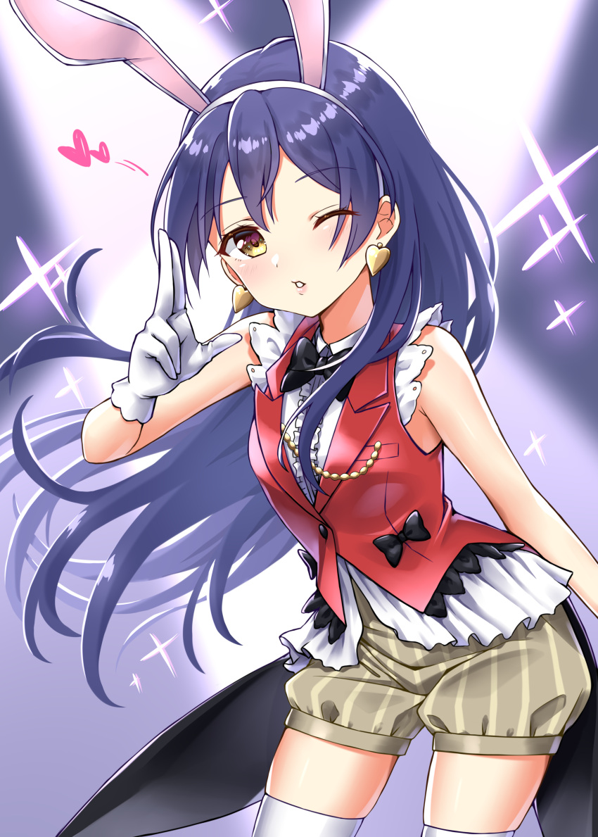1girl absurdres animal_ears bangs blue_hair blush commentary_request cowboy_shot earrings gloves heart highres jewelry korekara_no_someday long_hair looking_at_viewer love_live! love_live!_school_idol_project one_eye_closed puffy_shorts rabbit_ears shorts smile solo sonoda_umi swept_bangs takochan77 thighhighs white_legwear yellow_eyes