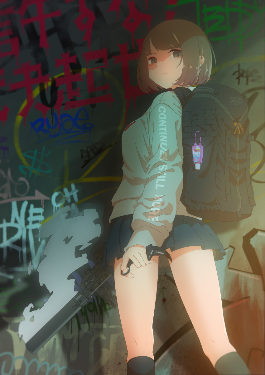 1girl absurdres backpack bag blood blood_on_knife bob_cut brown_eyes brown_hair clothes_writing graffiti green_jacket gun h&amp;k_mp7 highres holding holding_knife jacket karambit kneehighs knife legs looking_at_viewer looking_back original shaded_face short_hair skirt smirk smoke smoking_gun solo submachine_gun suppressor teddy_(takarada) wall weapon weapon_request