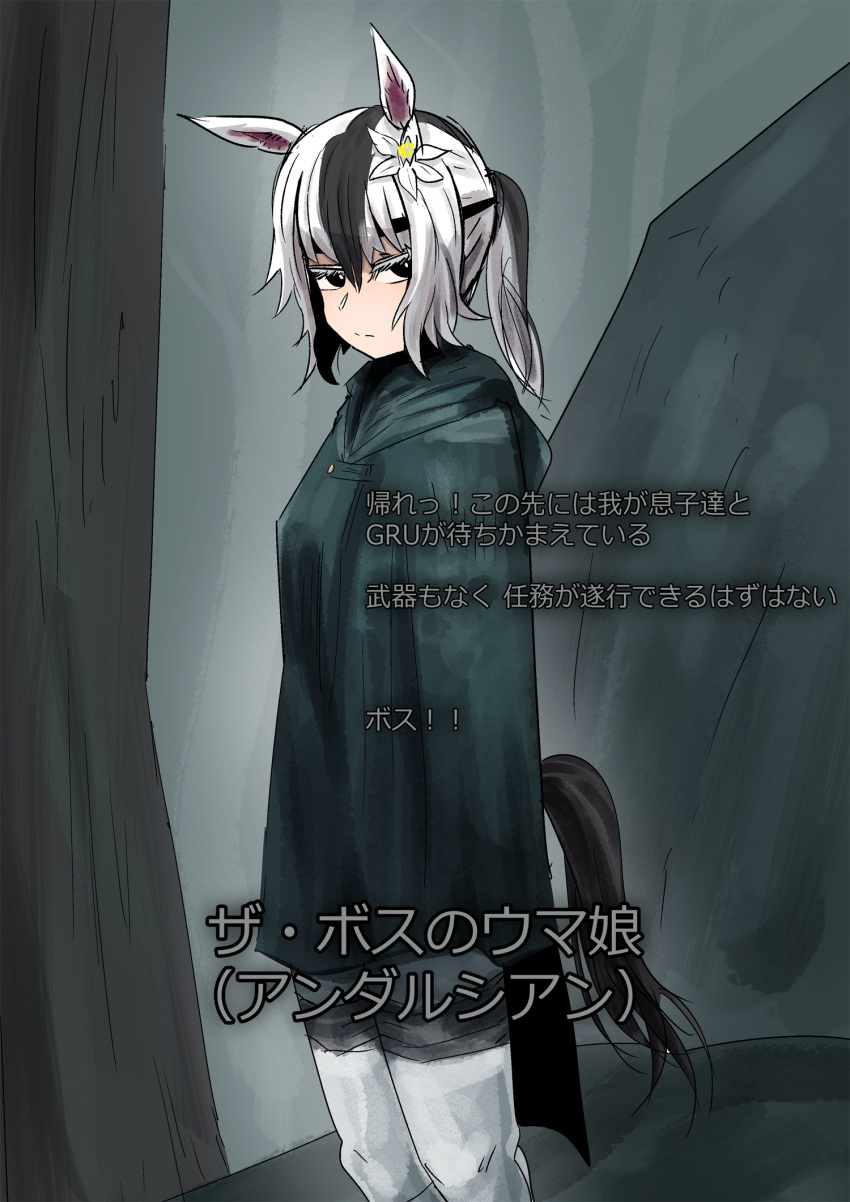1girl animal_ears black_eyes coat flower flower_request grey_hair hair_flower hair_ornament highres hooded_coat horse_ears horse_girl horse_tail medium_request metal_gear_(series) metal_gear_solid_3 multicolored_hair overcoat personification ponytail solo streaked_hair tail the_boss's_andalusian thick_eyelashes two-tone_hair umamusume what_is_(pix30d) white_hair