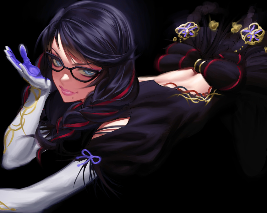 1girl absurdres ass bayonetta bayonetta_(series) bayonetta_3 black_hair braid clothing_cutout earrings eyeshadow glasses gloves highres jewelry lipstick long_hair looking_at_viewer makeup mole mole_under_mouth multicolored_hair red_hair ribbon ryofu_x simple_background smile solo streaked_hair twin_braids weapon