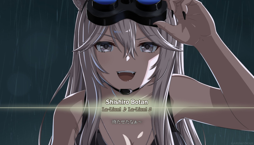 1girl animal_ears chin_strap fingernails gardavwar grey_eyes hair_between_eyes hololive lion_ears lion_girl long_fingernails long_hair metal_gear_(series) metal_gear_solid_v night_vision_device rain shishiro_botan solo tank_top translated virtual_youtuber