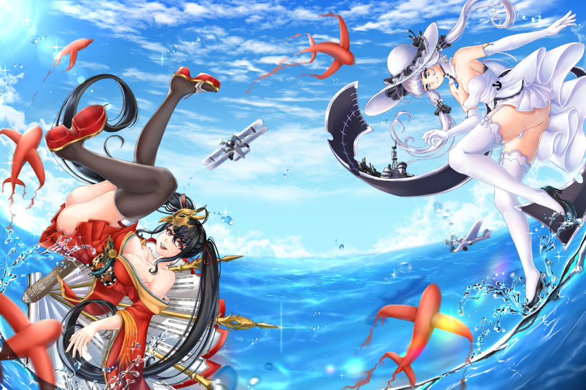 2girls aircraft airplane ass azur_lane bare_shoulders battle biplane black_footwear black_hair black_legwear blue_eyes breasts catfight cleavage detached_collar dress elbow_gloves flight_deck full_body gloves hat highres illustrious_(azur_lane) japanese_clothes kimono large_breasts long_hair magic mask mask_on_head multiple_girls nuke87654 off-shoulder_kimono red_eyes red_footwear red_kimono red_skirt rigging skirt sleeveless sleeveless_dress strapless strapless_dress sun_hat taihou_(azur_lane) thighhighs twintails very_long_hair water white_dress white_gloves white_headwear white_legwear