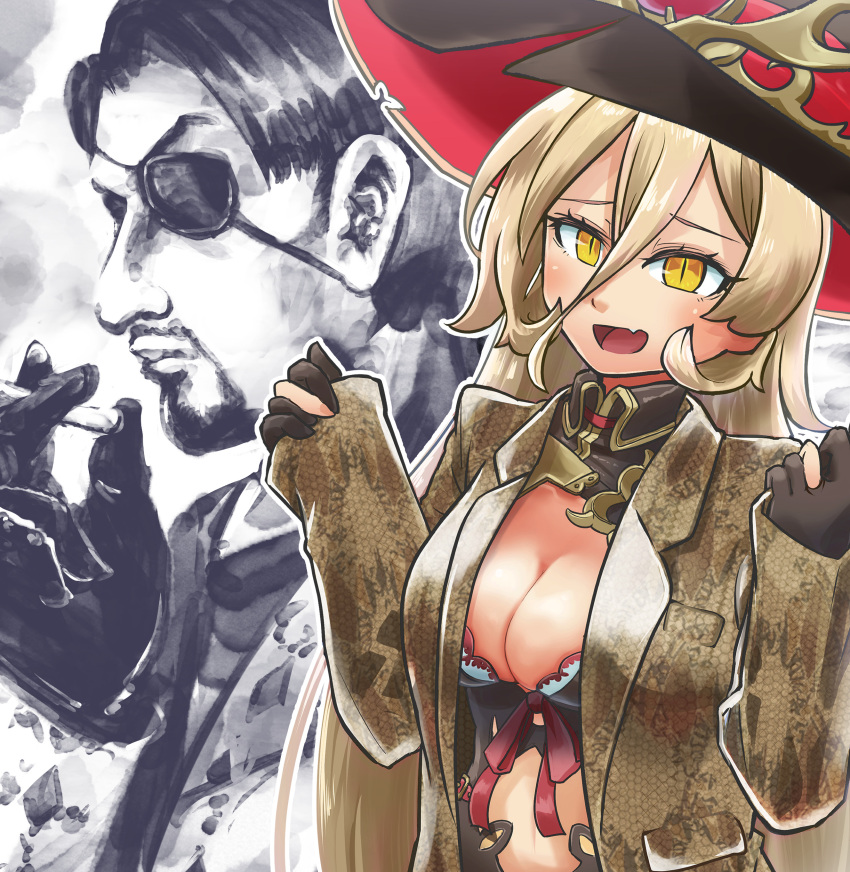 1boy 1girl absurdres beard blonde_hair breasts brown_coat chamaji cigarette cleavage coat commentary_request eyepatch facial_hair fang gloves hat highres large_breasts majima_gorou nijisanji nui_sociere open_mouth outline partially_colored partially_fingerless_gloves ryuu_ga_gotoku skin_fang sleeves_past_wrists slit_pupils smile virtual_youtuber witch_hat yellow_eyes