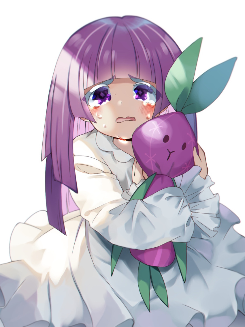 1girl bangs blunt_bangs blush commentary_request cookie_run crying crying_with_eyes_open dress highres holding holding_toy humanization kyusai_kuma long_hair long_sleeves looking_at_viewer onion_cookie open_mouth puffy_long_sleeves puffy_sleeves purple_eyes purple_hair sitting stuffed_toy tears toy white_dress