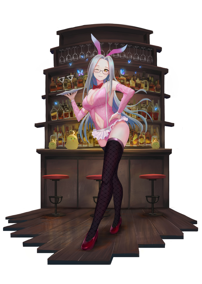 1girl absurdres alcohol alternate_costume animal_ears azur_lane bad_hands bar bare_shoulders black_legwear blue_butterfly bow breasts bug butterfly c.h.a cleavage clothing_cutout commentary detached_sleeves error fake_animal_ears fishnet_legwear fishnets full_body grey_hair highres holding holding_tray large_breasts leotard long_hair looking_at_viewer manjuu_(azur_lane) microskirt navel navel_cutout one_eye_closed pink_leotard pink_sleeves playboy_bunny polydactyly rabbit_ears red_bow red_footwear semi-rimless_eyewear shangri-la_(azur_lane) shoes skirt solo thighhighs tray wooden_floor yellow_eyes