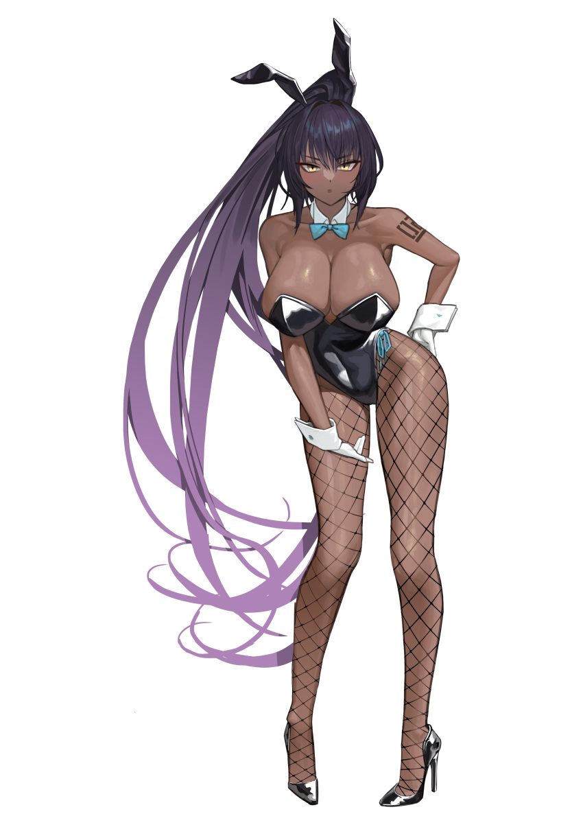 1girl absurdres animal_ears armpits bangs bare_shoulders black_hair black_leotard blue_archive blue_bow bow breasts chan_(dlgkal123) cleavage closed_mouth commentary_request dark-skinned_female dark_skin detached_collar fishnet_legwear fishnets gloves high_heels high_ponytail highres karin_(blue_archive) large_breasts leotard long_hair looking_at_viewer playboy_bunny rabbit_ears sidelocks tail very_long_hair white_background white_gloves wrist_cuffs yellow_eyes
