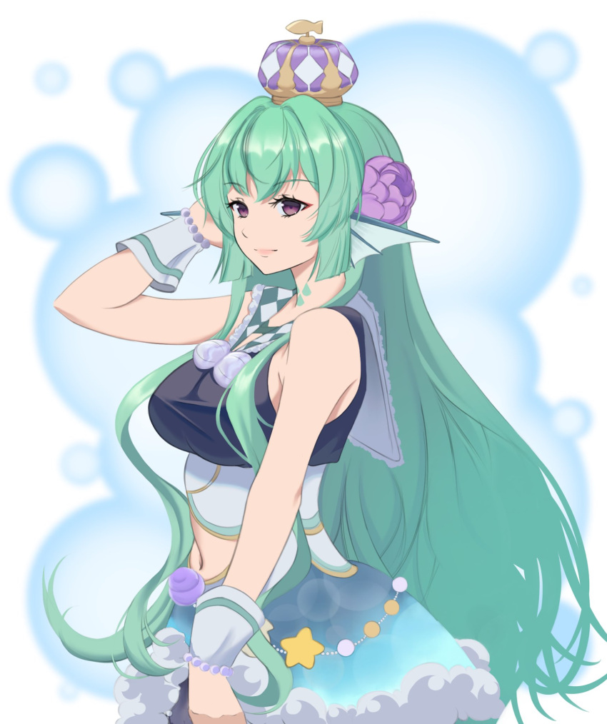 1girl bangs blue_skirt breasts clothing_cutout crown eyebrows_visible_through_hair finana_ryugu flower from_side green_hair hair_flower hair_ornament head_fins highres j.d._thunderhawk light_smile long_hair medium_breasts navel navel_cutout nijisanji nijisanji_en purple_eyes purple_flower seashell shell skirt solo star_(symbol) very_long_hair virtual_youtuber wrist_cuffs