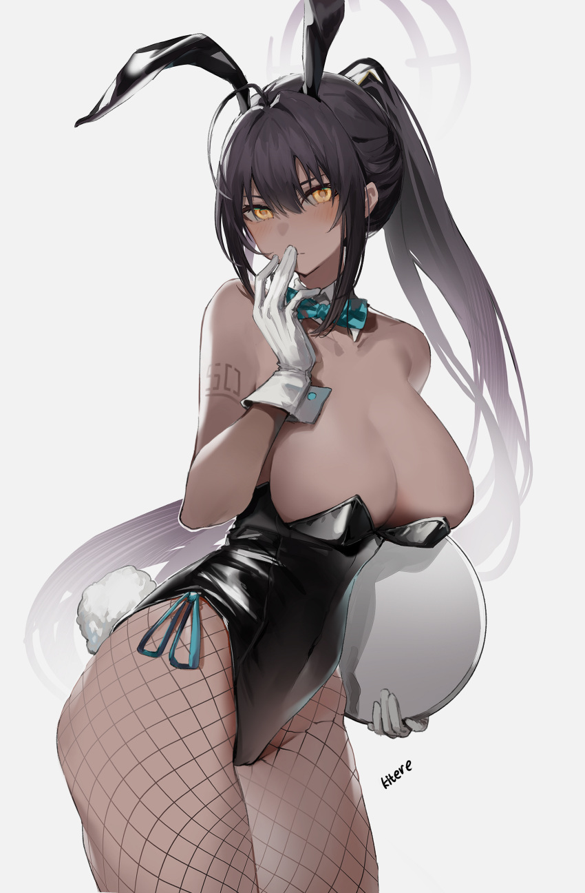 1girl absurdres animal_ears aqua_ribbon black_hair black_leotard blue_archive bow bowtie breasts cleavage commentary_request dark-skinned_female dark_skin detached_collar fake_animal_ears fake_tail fishnet_legwear fishnets gloves halo highleg highleg_leotard highres holding holding_tray karin_(blue_archive) kitere leotard playboy_bunny rabbit_ears rabbit_tail ribbon side-tie_leotard simple_background solo strapless strapless_leotard tail tray white_background wrist_cuffs yellow_eyes
