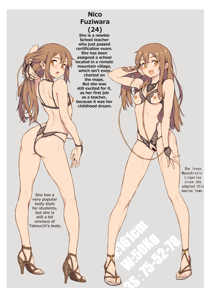 1girl absurdres ass banned_artist black_bra black_panties bra breasts brown_footwear brown_hair censored chain character_age character_name character_profile crotchless crotchless_panties cupless_bra english_text frilled_bra frilled_panties frills fuziwara_nico high_heels highres holding holding_hair jewelry lingerie long_hair looking_at_viewer looking_back measurements medium_breasts multiple_views nipple_piercing nipples open_mouth original panties piercing pose pussy see-through shoes simple_background standing toes underwear xil yellow_eyes