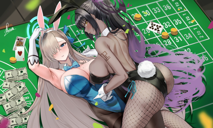 2girls ace_of_hearts animal_ears arm_up armpits ass asuna_(blue_archive) bare_arms bare_shoulders black_hairband black_legwear black_leotard blonde_hair blue_archive blue_eyes blue_leotard blush breasts card cleavage commentary_request dark-skinned_female dark_skin earrings fake_animal_ears fake_tail fishnet_legwear fishnets girl_on_top gloves gradient_hair hair_over_one_eye hairband halo highres jewelry karin_(blue_archive) kneeling large_breasts leotard long_hair looking_at_viewer lying mole mole_on_breast money multicolored_hair multiple_girls number_tattoo on_back pantyhose parted_lips piukute062 playboy_bunny playing_card poker_chip ponytail purple_hair rabbit_ears rabbit_tail shoulder_tattoo sideboob sidelocks skindentation smile straight_hair strapless strapless_leotard stud_earrings tail tattoo very_long_hair white_gloves white_hairband wrist_cuffs yellow_eyes