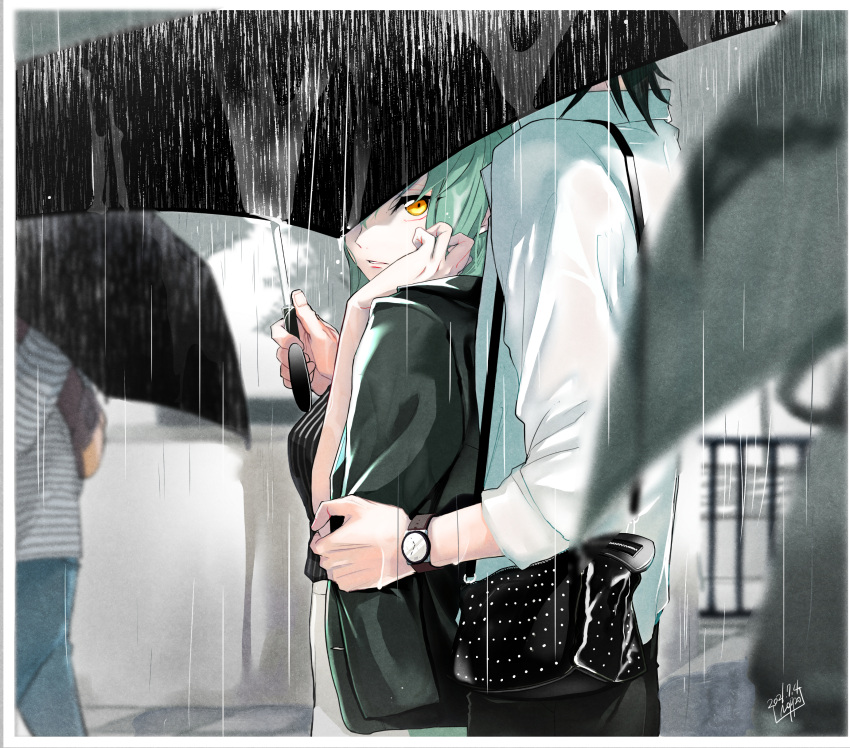 1boy 1girl 2021 absurdres bag black_hair black_jacket black_pants black_shirt black_umbrella c.c. code_geass couple dated from_side green_hair handbag highres holding holding_umbrella jacket jacket_on_shoulders lelouch_lamperouge looking_back noppo outdoors pants parted_lips rain shared_umbrella shirt short_hair signature striped striped_shirt umbrella watch wet wet_hair white_shirt wristwatch yellow_eyes