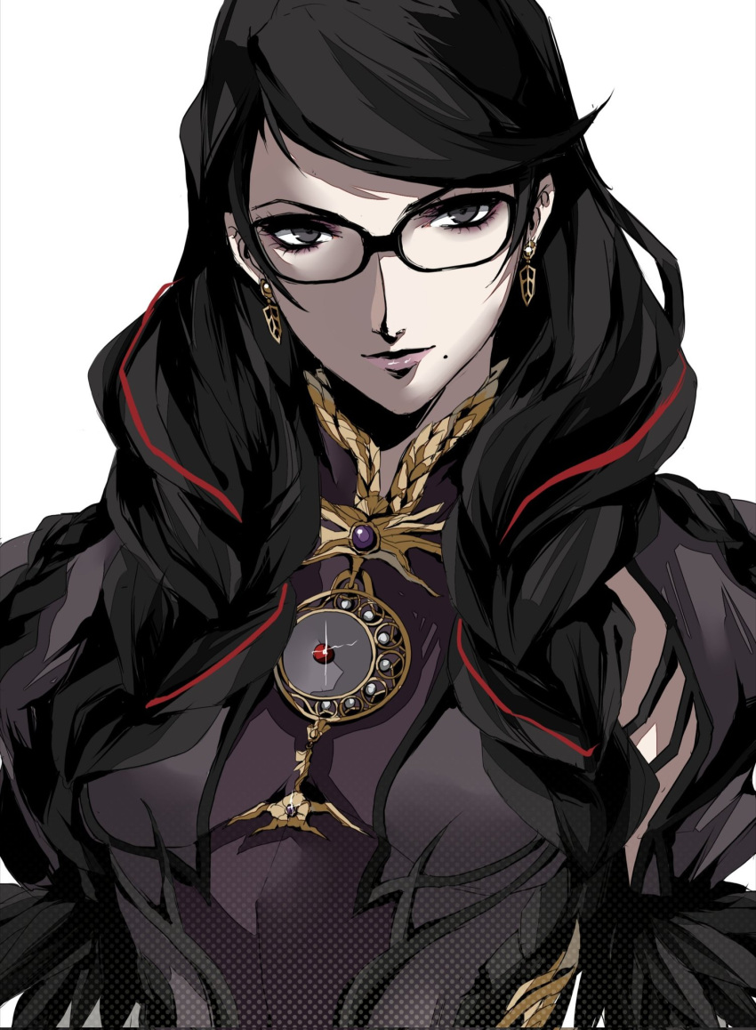 1girl bayonetta bayonetta_(series) bayonetta_3 black_hair braid clothing_cutout earrings eyeshadow glasses highres jewelry lipstick long_hair looking_at_viewer makeup mole mole_under_mouth multicolored_hair pertex_777 red_hair ribbon simple_background smile solo streaked_hair twin_braids