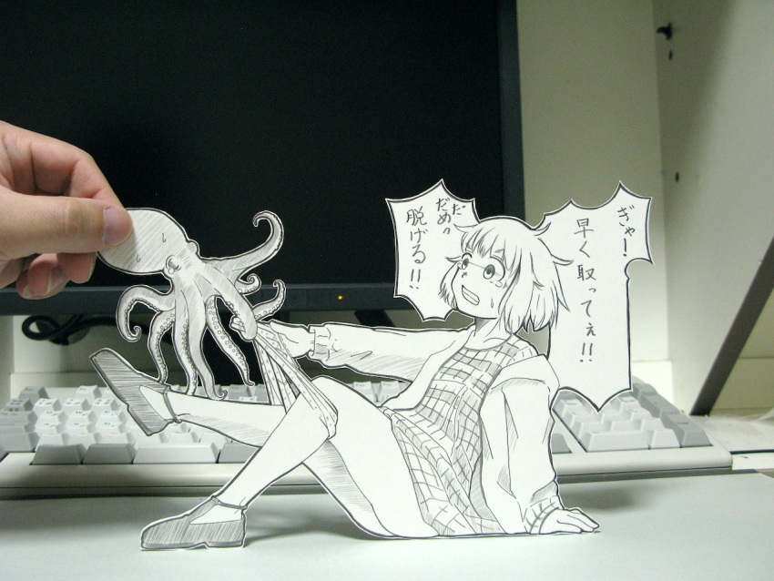 1girl clenched_teeth dress houkago_teibou_nisshi jacket monochrome panties panty_pull paper_child papercraft_(medium) photo_(medium) pulled_by_another sasaki_yukinojou shoes sitting speech_bubble squid tears teeth translation_request tsurugi_hina unconventional_media underwear