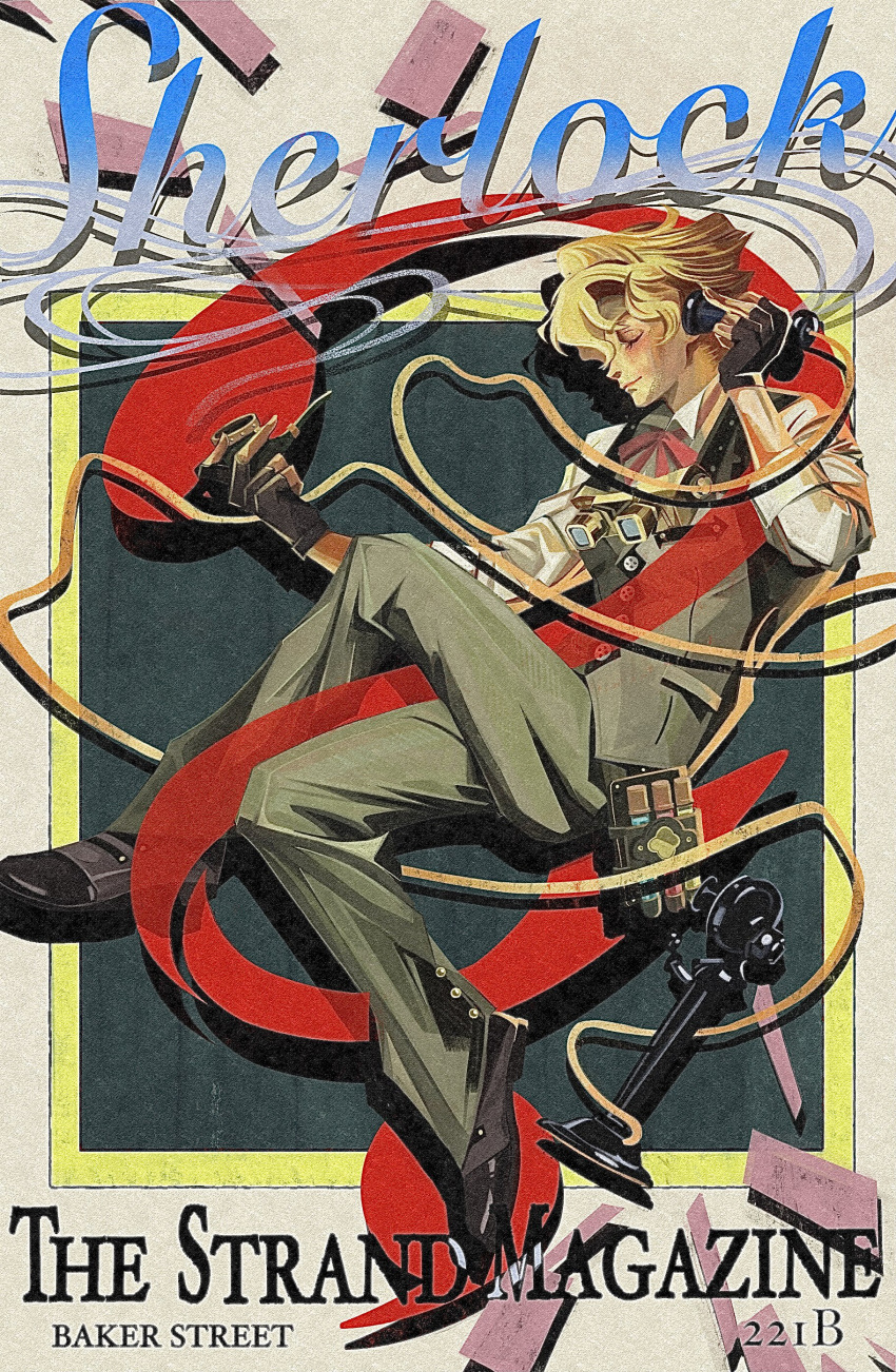 1boy absurdres ace_attorney black_footwear blonde_hair candlestick_phone character_name closed_eyes collared_shirt commentary_request cover crossed_legs cursive fake_cover fake_magazine_cover fingerless_gloves from_side full_body gloves goggles goggles_around_neck herlock_sholmes highres holding holding_phone holding_pipe magazine_cover male_focus neck_ribbon pants phone pipe red_ribbon ribbon shino_bunnys shirt short_hair smoke solo the_great_ace_attorney vial waistcoat