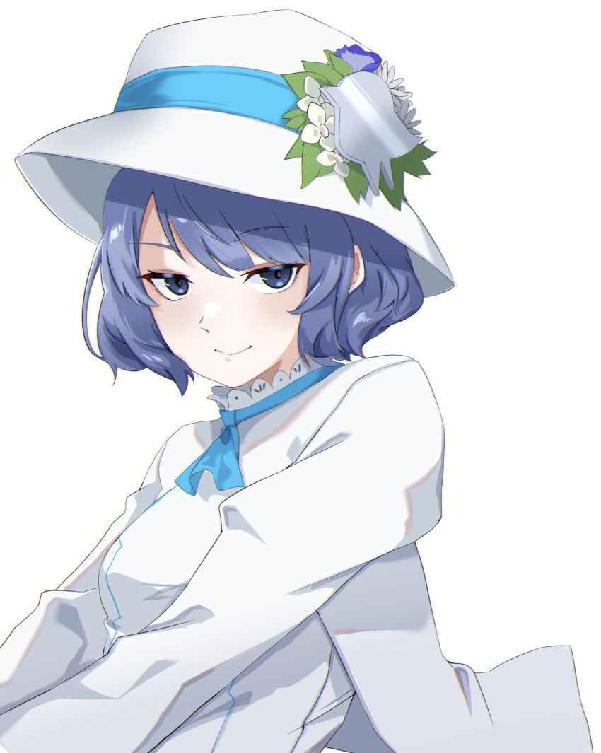 1girl bangs blue_eyes blue_hair breasts closed_mouth dress flower hat hat_flower highres long_sleeves looking_at_viewer short_hair smile solo sui_(sui27shika) suntory suntory_nomu virtual_youtuber white_headwear yasuda_suzuhito