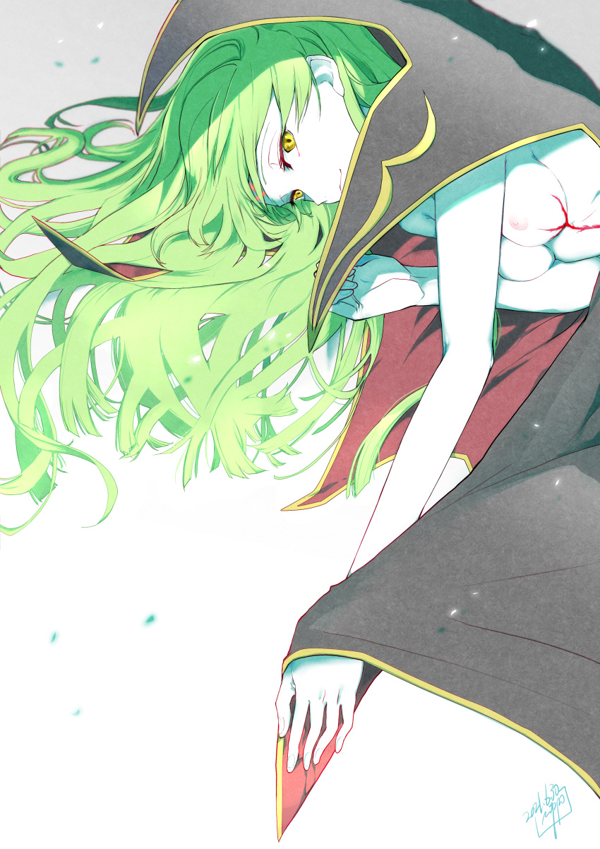 1girl 2021 absurdres breasts c.c. closed_mouth code_geass dated green_hair highres long_hair lying medium_breasts nipples noppo on_side signature smile solo upper_body yellow_eyes