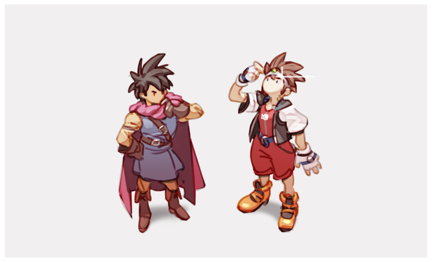 2boys black_hair blue_eyes brown_hair cape circlet company_connection dragon_quest dragon_quest_iii elbow_gloves fingerless_gloves gloves highres hood jewelry kingdom_hearts kingdom_hearts_i looking_at_viewer male_focus multiple_boys necklace nin_nakajima roto short_hair sora_(kingdom_hearts) spiked_hair super_smash_bros. weapon