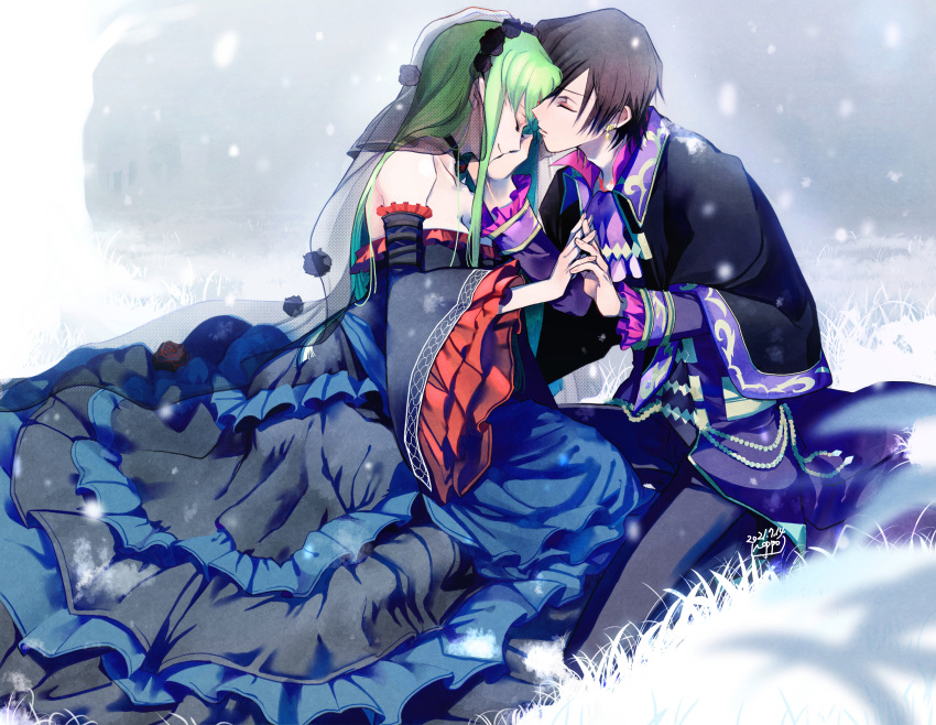 2021 black_flower black_pants black_sleeves blue_dress brown_hair c.c. closed_eyes closed_mouth code_geass couple dated detached_sleeves dress flower green_hair grey_dress hair_flower hair_ornament head_wreath hetero highres holding_hands kneeling layered_dress layered_sleeves lelouch_lamperouge long_dress long_hair long_sleeves noppo outdoors pants red_sleeves shiny shiny_hair short_hair signature sleeveless sleeveless_dress smile snowing strapless strapless_dress two-tone_dress veil wide_sleeves