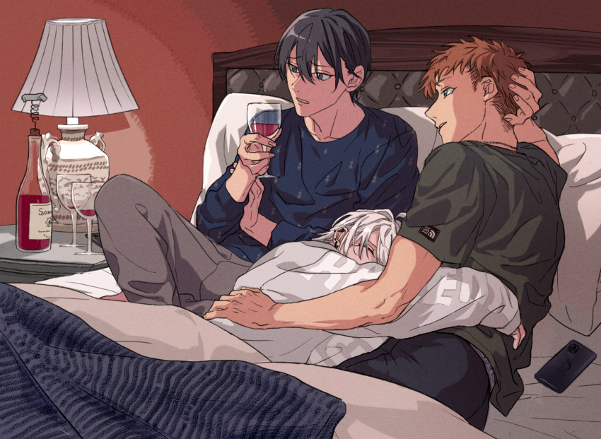 3boys alcohol aohitsugi_samatoki bed black_hair brown_hair busujima_riou_mason cup gloves green_eyes highres holding holding_cup hypnosis_mic iruma_juuto jewelry male_focus multicolored_eyes multiple_boys nyo6 purple_eyes shirt sleeping white_hair wine