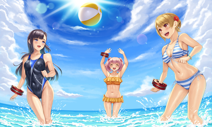 3girls :d ^_^ armpits arms_up asymmetrical_bangs ball bangs beachball bikini black_hair black_swimsuit blonde_hair blue_eyes blue_sky blush breasts character_request cleavage closed_eyes cloud collarbone competition_swimsuit day floating_hair flower front-tie_bikini front-tie_top god_eater groin hair_flower hair_ornament hair_ribbon highres lens_flare long_hair medium_breasts multiple_girls navel one-piece_swimsuit open_mouth outdoors pink_hair red_eyes red_flower red_ribbon ribbon shiny shiny_hair short_hair side-tie_bikini sky smile standing striped striped_bikini summer swimsuit thigh_gap twintails very_long_hair wading watanuki_kaname white_ribbon yellow_bikini