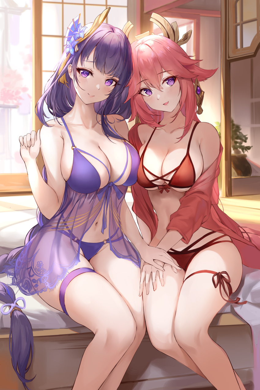 2girls bangs bare_shoulders bedroom bikini blue_flower blush braid braided_ponytail breasts cleavage closed_mouth commentary eyebrows_visible_through_hair feet_out_of_frame flower genshin_impact hair_between_eyes hair_flower hair_ornament hand_on_another's_thigh hand_on_hand hand_on_own_thigh hand_up highres large_breasts legs_together long_hair long_sleeves looking_at_viewer mole mole_under_eye multiple_girls navel off_shoulder on_bed open_clothes parted_lips pdxen pink_hair plant purple_bikini purple_eyes purple_hair raiden_shogun raised_eyebrows red_bikini see-through see-through_silhouette shouji sitting sliding_doors smile swimsuit symbol-only_commentary thigh_strap thighs very_long_hair vision_(genshin_impact) yae_(genshin_impact)