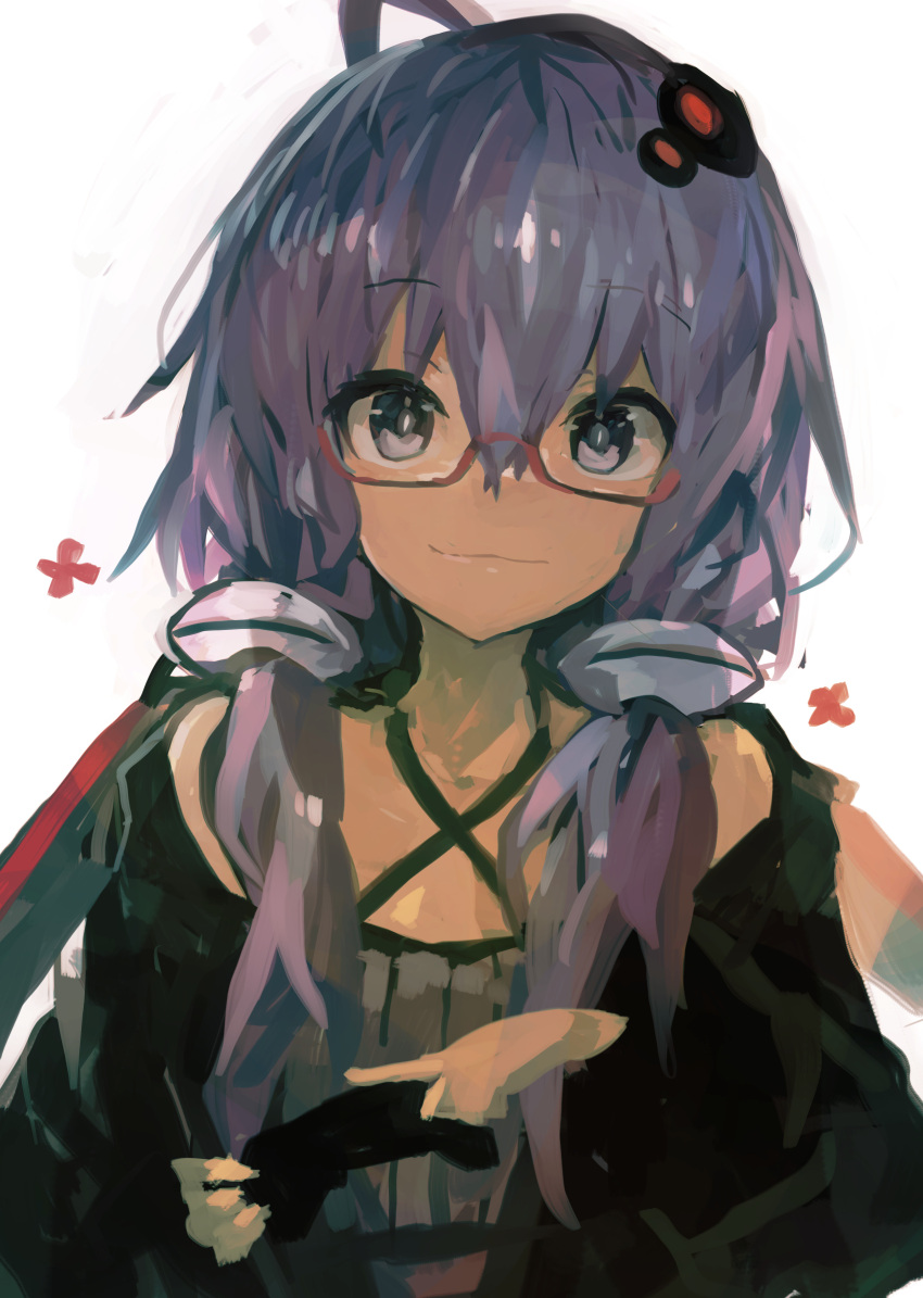 1girl :3 absurdres ahoge bangs bare_shoulders black_jacket bright_pupils closed_mouth controller dress eyebrows_visible_through_hair flower_(symbol) glasses hair_between_eyes hair_ornament highres holding holding_controller jacket kaamin_(mariarose753) light_smile long_hair looking_at_viewer low_twintails messy_hair purple_dress purple_eyes purple_hair red-framed_eyewear ribbed_dress semi-rimless_eyewear simple_background solo twintails upper_body voiceroid white_background white_pupils yuzuki_yukari