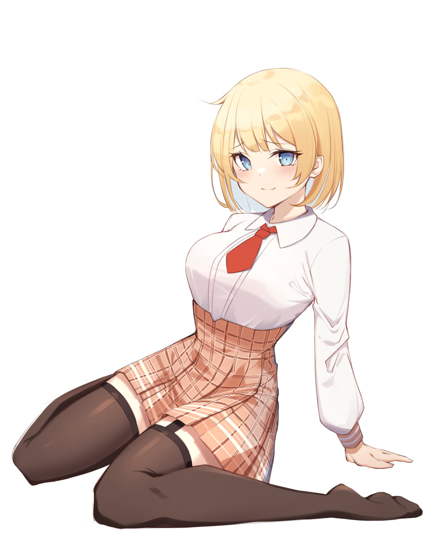 1girl absurdres bangs blonde_hair blue_eyes blush breasts brown_legwear brown_skirt closed_mouth collared_shirt eyebrows_visible_through_hair full_body garter_straps high-waist_skirt highres hololive hololive_english large_breasts long_sleeves necktie no_shoes plaid plaid_skirt pleated_skirt red_necktie shirt short_hair simple_background sitting skirt smile solo thighhighs virtual_youtuber wariza watson_amelia white_background white_shirt zettai_ryouiki ziro_(zirorong)