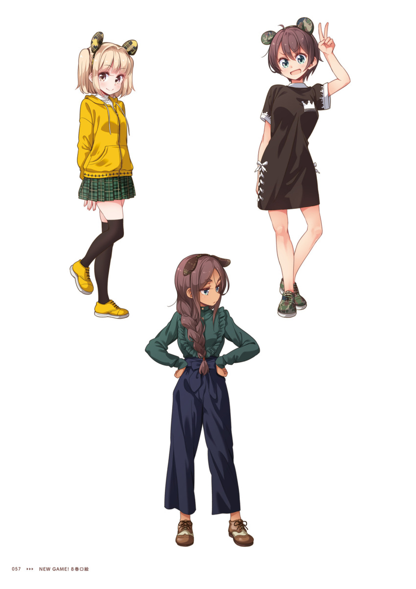 3girls :d ahagon_umiko animal_ears arm_up arms_behind_back black_dress black_legwear blonde_hair blue_bow blue_eyes blue_pants bow braid brown_eyes brown_hair camouflage_footwear closed_mouth copyright_name dress fake_animal_ears green_shirt green_skirt hair_over_shoulder hands_on_hips highres hood hood_down hooded_jacket iijima_yun jacket long_hair looking_at_viewer miniskirt mouse_ears multiple_girls new_game! official_art open_mouth page_number pants plaid plaid_skirt pleated_skirt shinoda_hajime shirt short_dress short_hair simple_background single_braid skirt smile standing thighhighs tokunou_shoutarou v white_background yellow_footwear yellow_jacket zettai_ryouiki