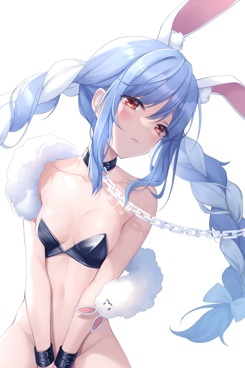 1girl animal_ear_fluff animal_ears bangs bare_shoulders between_legs bikini bikini_top black_bikini blue_hair blush bottomless braid breasts chain chocofox cleavage closed_mouth collar collarbone commentary_request don-chan_(usada_pekora) eyebrows_visible_through_hair fur_shawl groin hand_between_legs highres hololive leash long_hair looking_at_viewer mixed-language_commentary multicolored_hair navel rabbit_ears red_eyes sidelocks simple_background sitting small_breasts smile solo strapless strapless_bikini swimsuit thick_eyebrows twin_braids two-tone_hair usada_pekora very_long_hair virtual_youtuber white_background white_hair