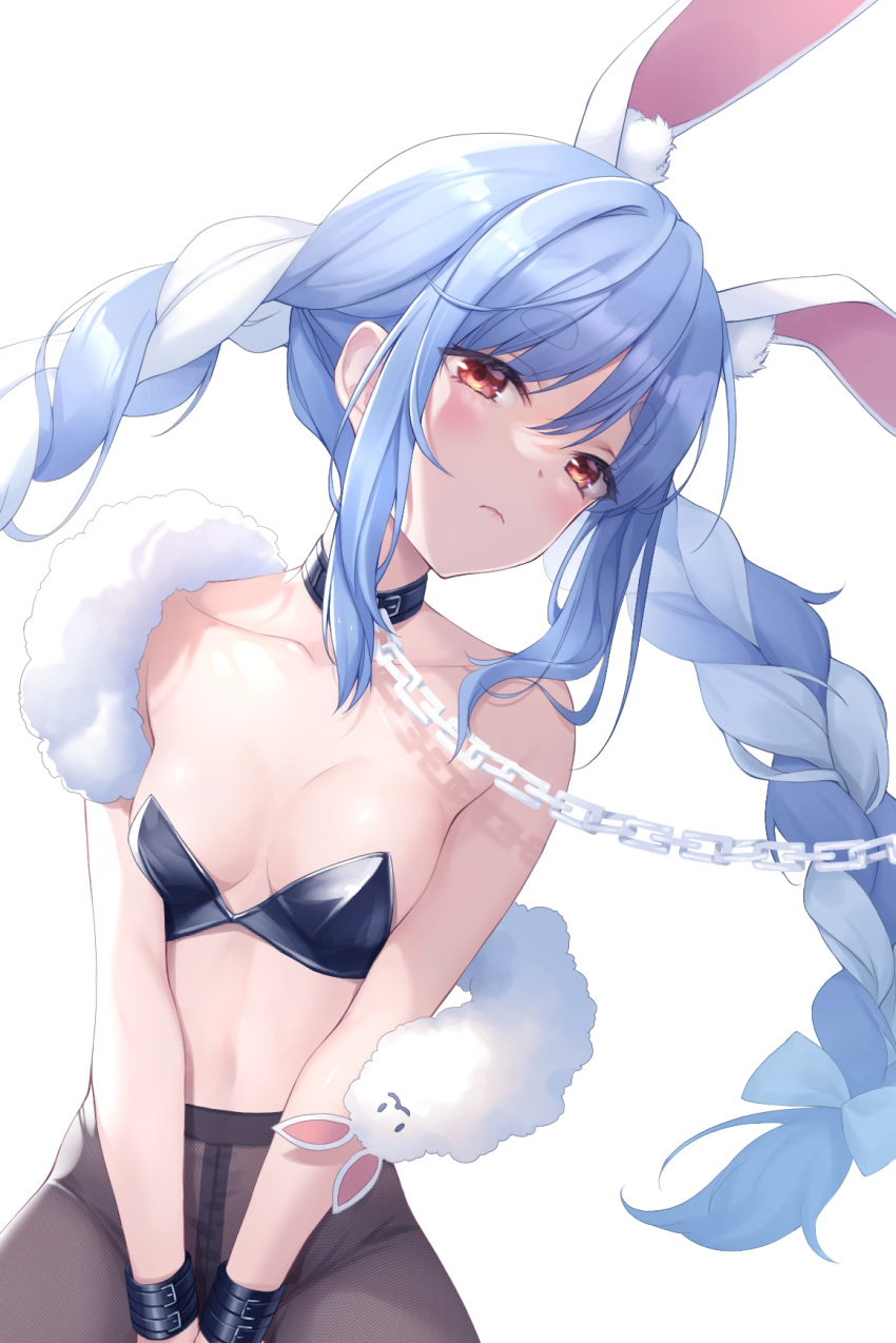 1girl animal_ear_fluff animal_ears bangs bare_shoulders between_legs bikini bikini_top black_bikini black_legwear blue_hair blush braid breasts chain chocofox cleavage closed_mouth collar collarbone commentary_request don-chan_(usada_pekora) eyebrows_visible_through_hair fur_shawl hand_between_legs highres hololive leash long_hair looking_at_viewer mixed-language_commentary multicolored_hair navel pantyhose rabbit_ears red_eyes sidelocks simple_background sitting small_breasts solo swimsuit thick_eyebrows twin_braids two-tone_hair usada_pekora very_long_hair virtual_youtuber white_background white_hair wrist_cuffs