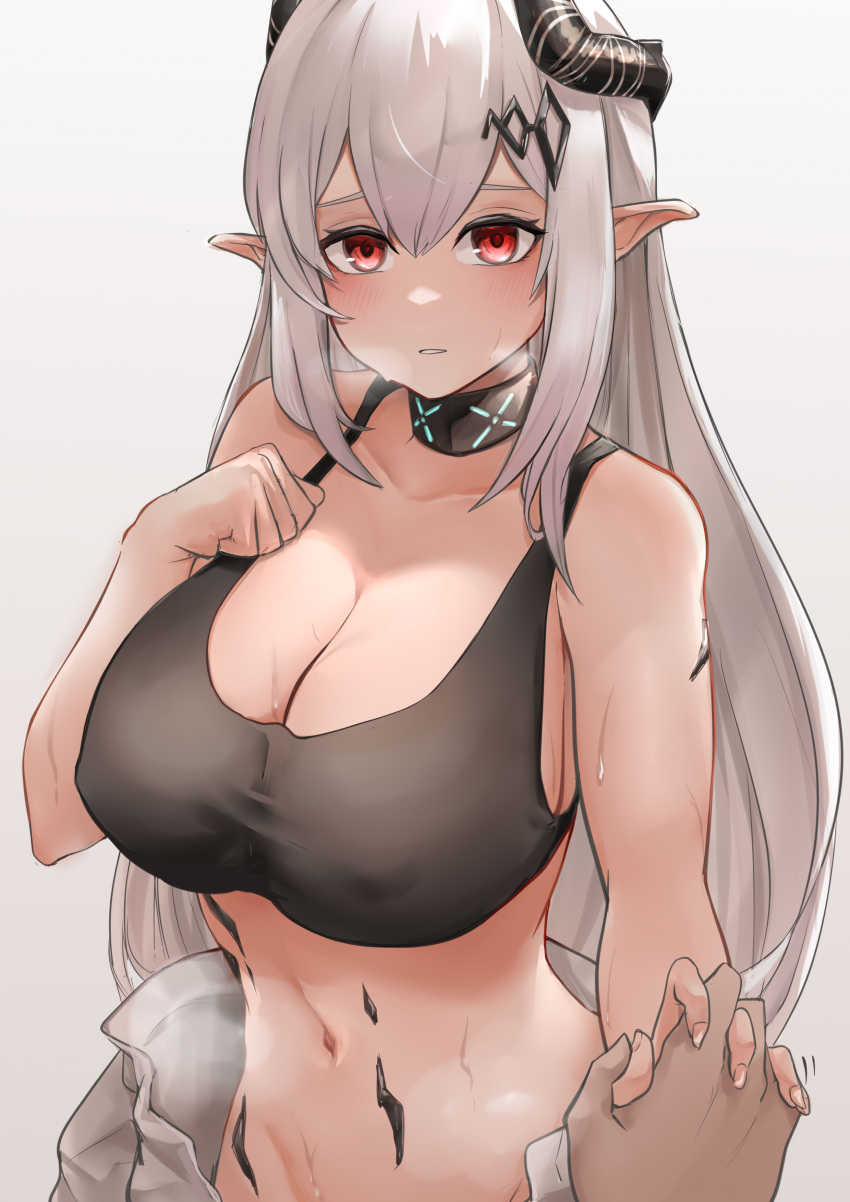 1girl absurdres arknights bangs bare_shoulders commentary_request crop_top elite_ii_(arknights) grey_background groin highres holding_hands horns long_hair looking_at_viewer midriff mudrock_(arknights) navel oripathy_lesion_(arknights) parted_lips pointy_ears pov red_eyes silver_hair simple_background solo_focus sports_bra srn_ana stomach upper_body