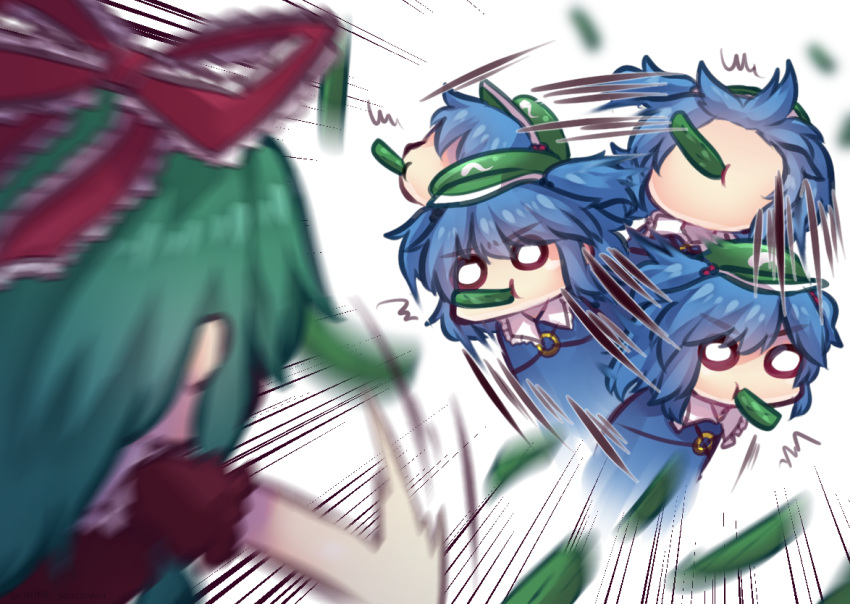 2girls blue_hair blurry bright_pupils collared_shirt cucumber emphasis_lines eyebrows_visible_through_hair flat_cap food food_in_mouth green_hair green_headwear hair_bobbles hair_ornament hair_ribbon hat kagiyama_hina kawashiro_nitori launching medium_hair motion_blur multiple_girls o_o one-hour_drawing_challenge red_ribbon ribbon shirt short_sleeves simple_background solid_circle_eyes touhou two_side_up unime_seaflower v-shaped_eyebrows vegetable white_background