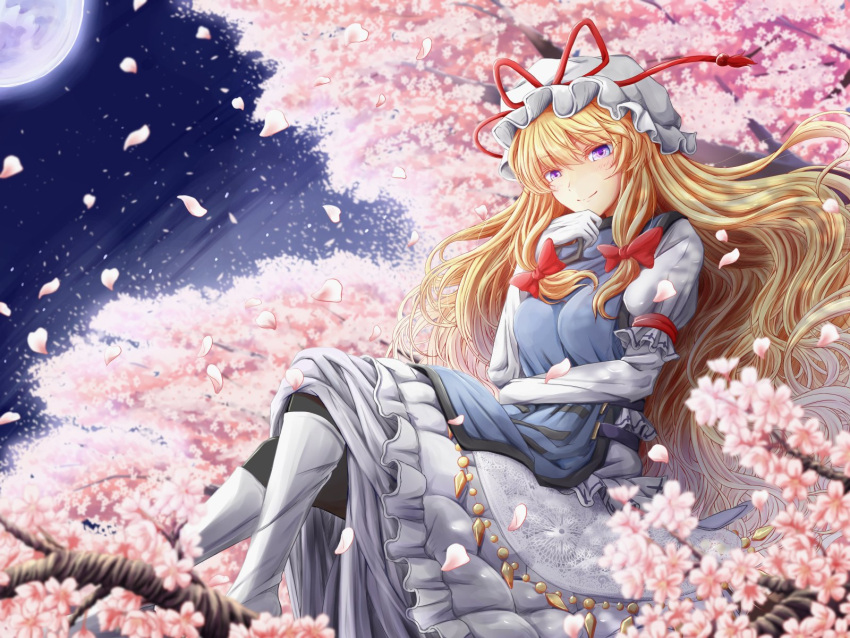 1girl arm_garter bangs blush boots breasts cherry_blossoms commentary_request dress elbow_gloves eyebrows_visible_through_hair frilled_dress frills full_body full_moon gloves hair_ribbon hand_on_own_chin hat hat_ribbon highres in_tree large_breasts looking_at_viewer mob_cap moon night night_sky perfect_cherry_blossom petals puffy_short_sleeves puffy_sleeves purple_eyes red_ribbon ribbon short_sleeves sitting sitting_in_tree sky smile solo tabard tamasan touhou tree white_footwear white_gloves yakumo_yukari