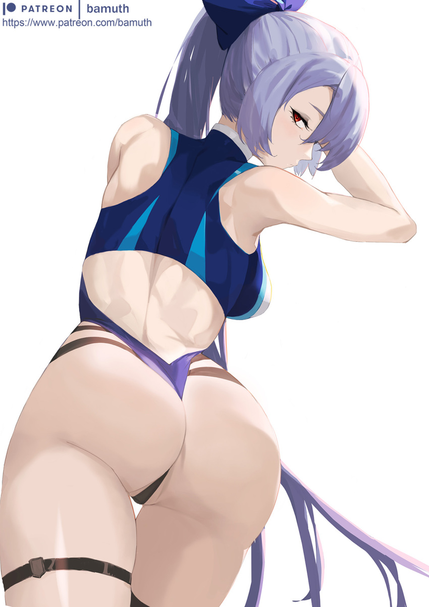 1girl ass back bamuth bangs bare_shoulders blue_bow blue_swimsuit bow breasts commentary fate/grand_order fate_(series) hair_between_eyes hair_bow highleg highleg_swimsuit highres large_breasts long_hair looking_at_viewer looking_back one-piece_swimsuit ponytail red_eyes silver_hair solo swimsuit thigh_strap thighs tomoe_gozen_(fate) tomoe_gozen_(swimsuit_saber)_(fate) two-tone_swimsuit white_swimsuit