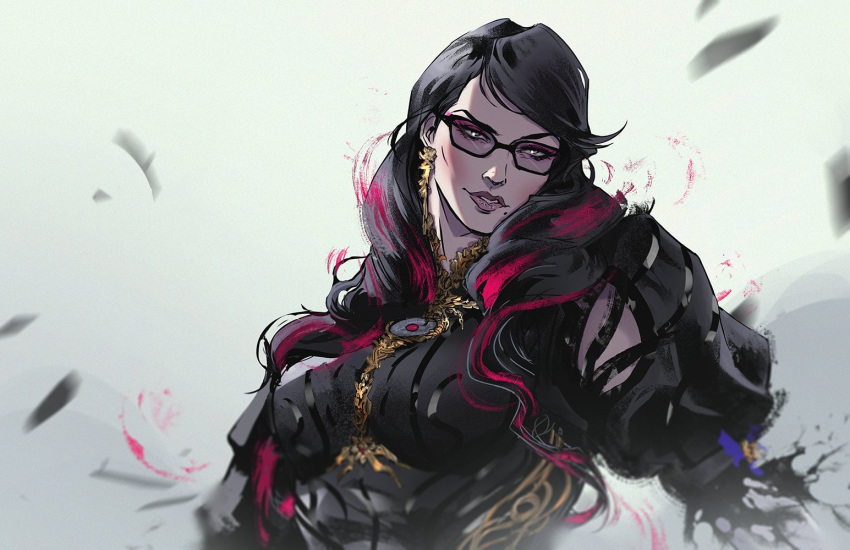 1girl alexineskiba bayonetta bayonetta_(series) bayonetta_3 black_hair braid clothing_cutout earrings glasses gloves jewelry lipstick long_hair looking_at_viewer makeup mole mole_under_mouth multicolored_hair red_hair simple_background smile solo streaked_hair twin_braids weapon