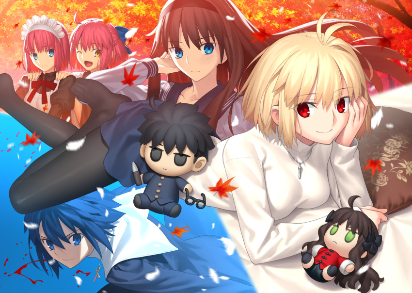1boy 6+girls ahoge antenna_hair apron arcueid_brunestud arima_miyako arm_support autumn_leaves bangs black_dress black_hair black_hairband black_legwear blonde_hair blood blue_eyes blue_hair blue_sailor_collar character_doll ciel_(tsukihime) closed_mouth collarbone cross cross_necklace doll dress eyebrows_visible_through_hair floating_hair full_body habit hairband half_updo hands_on_another's_shoulders hisui_(tsukihime) jewelry juliet_sleeves kohaku_(tsukihime) leaf long_hair long_sleeves looking_at_viewer lying maid maid_apron maid_headdress melty_blood melty_blood:_type_lumina multiple_girls neck_ribbon necklace nun official_art one_eye_closed open_mouth pantyhose puffy_sleeves red_eyes red_hair red_neckwear red_ribbon ribbon sailor_collar school_uniform serafuku short_hair smile source_request sweater takeuchi_takashi tohno_akiha tohno_shiki tongue tsukihime tsukihime_(remake) turtleneck turtleneck_sweater type-moon upper_body white_apron white_sweater yellow_eyes