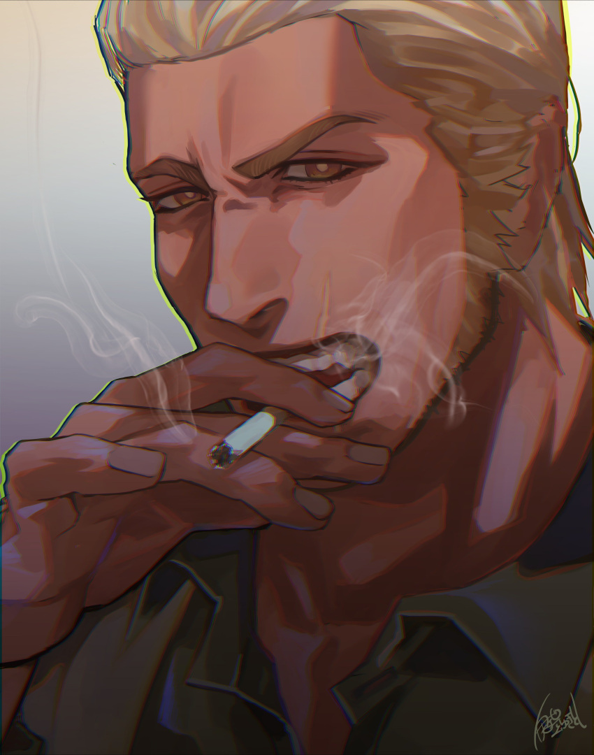 1boy absurdres between_fingers black_shirt blonde_hair brown_eyes cigarette gouda_ryuuji highres irei_yukitoshi male_focus manly necktie open_mouth ryuu_ga_gotoku ryuu_ga_gotoku_2 shirt sideburns signature thick_eyebrows upper_body