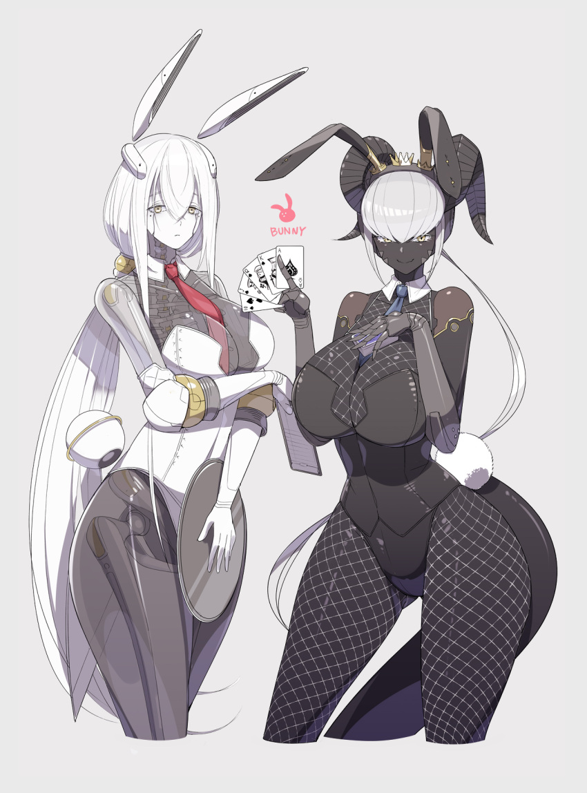 2girls ace_of_spades android animal_ears between_breasts black_horns black_leotard black_skin breasts card colored_skin cowboy_shot detached_collar fake_animal_ears fake_tail fishnet_legwear fishnets highres horns jack_of_spades joints king_of_spades large_breasts leotard looking_at_viewer multiple_girls necktie necktie_between_breasts original pale_skin playboy_bunny playing_card poker queen_of_spades rabbit_ears red_necktie robot_joints royal_flush skeleton strapless strapless_leotard tail translucent_skin ub1mo white_eyes white_skin wrist_cuffs