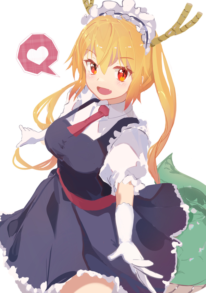 1girl absurdres black_dress blonde_hair breasts closed_mouth collared_shirt dragon_girl dragon_horns dragon_tail dress frilled_sleeves frills gloves hair_between_eyes highres horns index_finger_raised kobayashi-san_chi_no_maidragon large_breasts long_hair looking_at_viewer maid maid_headdress necktie one_eye_closed puffy_short_sleeves puffy_sleeves red_necktie same_(sendai623) shirt short_sleeves simple_background slit_pupils smile tail tohru_(maidragon) twintails very_long_hair white_background white_gloves white_shirt